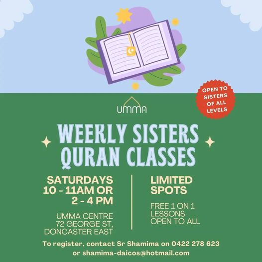 Weekly Sisters Quran Classes flyer